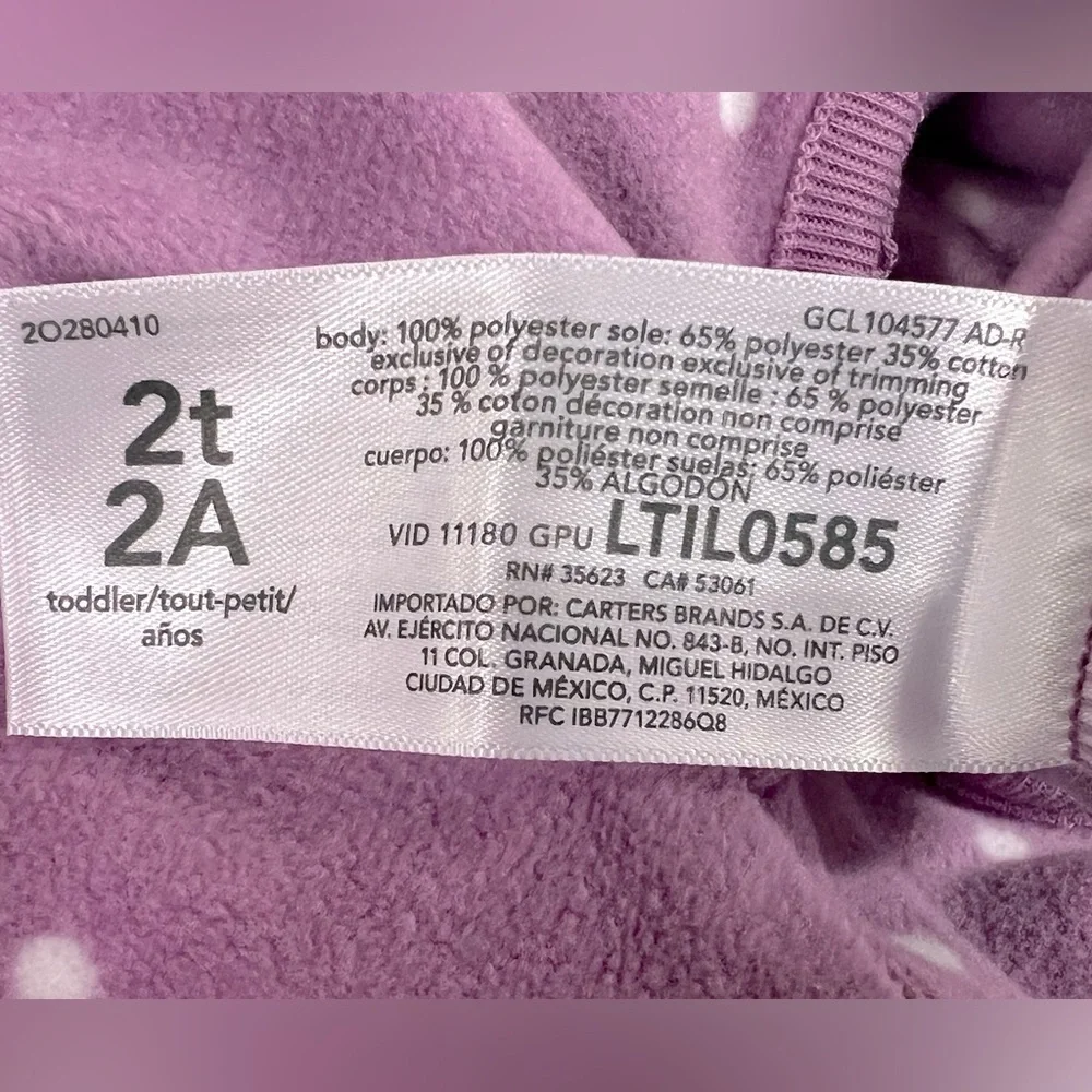 CARTER'S 2 Pack - 1 Pc Fleece Sleepwear Purple polka dots Balerina, Plaid - 2T